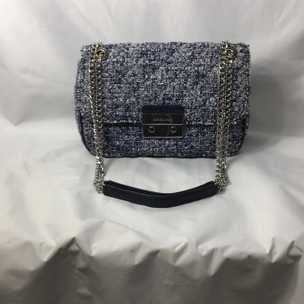 Michael Kors Navy Blue and White Tweed Flap Bag Crossbody Purse Like-NEW